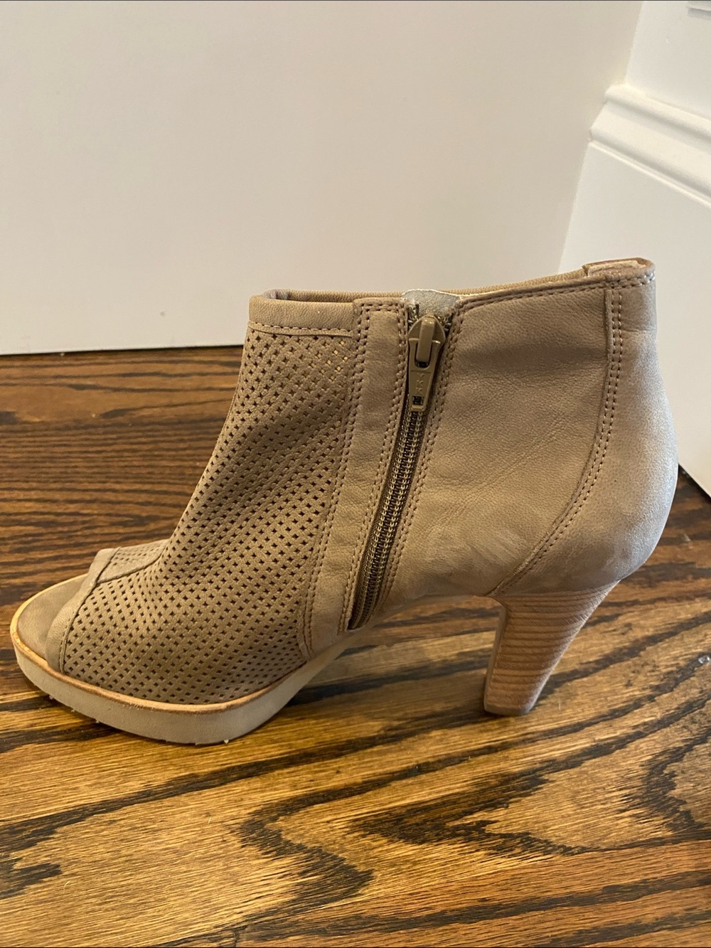 Paul Green Taupe Perforated Peep-Toe Ankle Booties - Picture 4 of 9